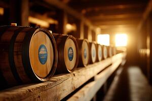 Oak barrels resting in a cellar with sunlight streaming through windows photo