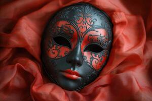 Venetian mask resting on red silk drape, mystery and elegance photo