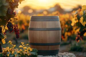 Oak barrel resting in vineyard during golden hour sunset photo