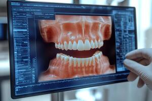 Dentist using software showing 3d scan of teeth and gums on computer screen photo