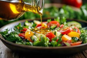 Chef pouring olive oil on fresh vegetarian salad with cherry tomatoes and cucumber photo