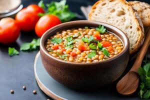 Lentil soup with tomatoes, carrots, and parsley garnished in rustic bowl photo