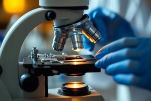 Scientist using a microscope examining samples in a laboratory photo