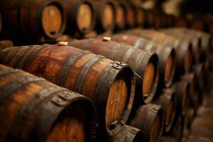 Wine barrels aging in cellar representing tradition and craftsmanship photo