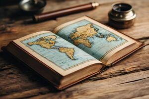 Open antique book showing world map on rustic wooden table photo