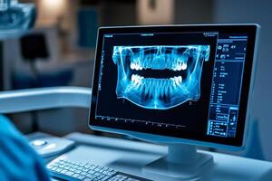 Modern dental clinic showing teeth x ray on computer screen photo