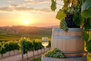 Glass of white wine and grapes resting on wooden barrels in vineyard at sunset photo