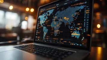 Laptop showing world map with data analysis in blurred background photo