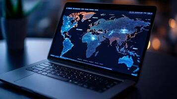 Modern laptop showing world map with data points visualizing global connections photo
