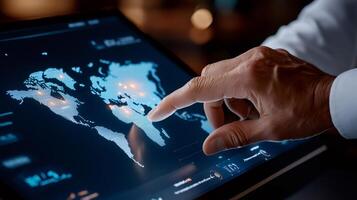 Businessman using interactive digital tablet displaying global map with data points photo