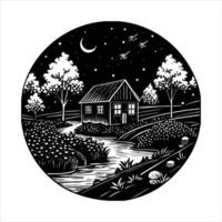 A cabin nestled in a field with vector