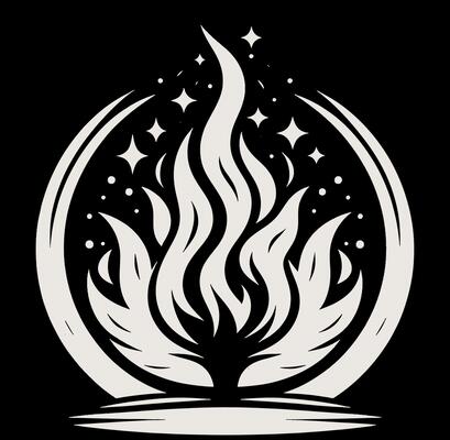 A black and white logo for a magic fire