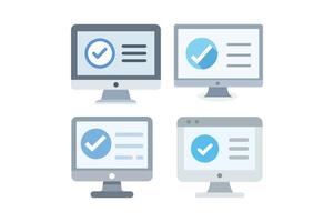 Computer screen displaying green check mark icons for approval, computer check mark icon, approval check mark, verified check icon, PC verification vector