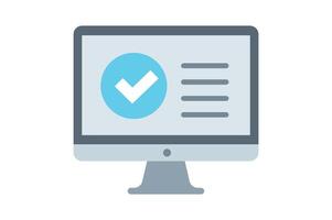 Desktop monitor with success confirmation check mark, computer check mark icon, approval check mark, verified check icon, PC verification vector