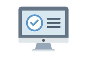 PC display with approved green tick icon, computer check mark icon, approval check mark, verified check icon, PC verification vector