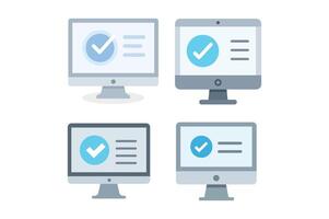 Computer screen showing verified check mark symbol Sets, computer check mark icon, approval check mark, verified check icon, PC verification vector