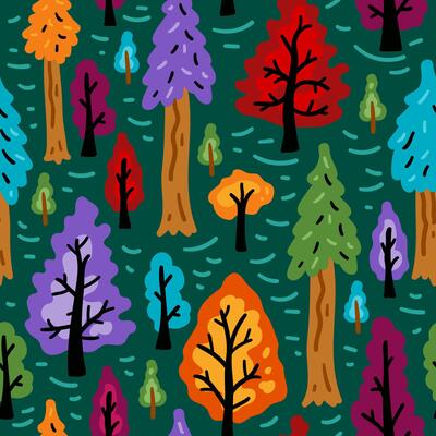 Bright forest funny cartoon seamless pattern. Nature cheerful children trees background. For children textiles, hand-drawn for babies. Northern forest