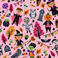 Children in funny and scary witch, vampire and monster costumes. Rose Seamless pattern of Halloween characters vector