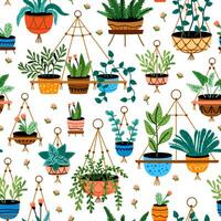 Seamless pattern of various house plants in colorful ceramic pots vector