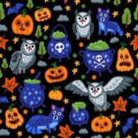 Halloween childish pumpkin background with owl and bat seamless pattern. vector
