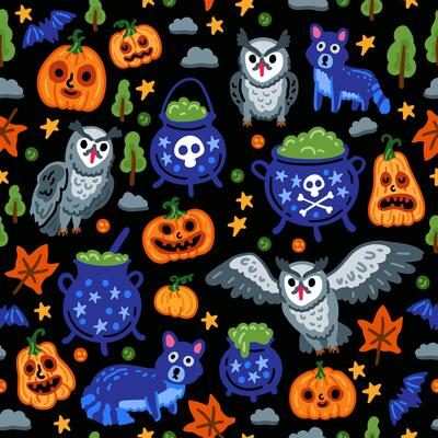 Halloween childish pumpkin background with owl and bat seamless pattern.