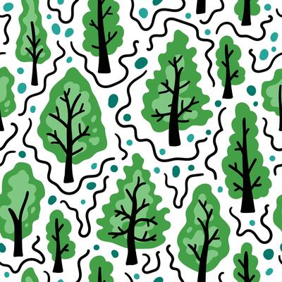 Bright forest cartoon seamless pattern. Nature cheerful children trees background. For children's textiles, hand-drawn for babies. Northern spring forest