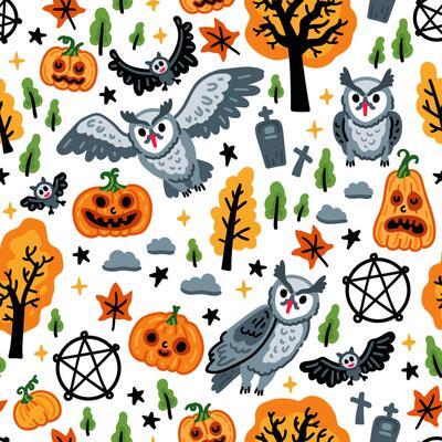 Seamless pattern of Halloween characters, Children flying white owls among autumn pumpkin
