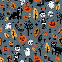 Seamless pattern of Halloween characters, Children in funny and scary witch, vampire and monster costumes vector