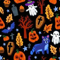 Seamless pattern of Halloween symbols and characters, Children with funny and scary ghost, cat and bat, forest costumes vector