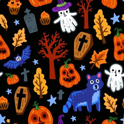 Seamless pattern of Halloween symbols and characters, Children with funny and scary ghost, cat and bat, forest costumes