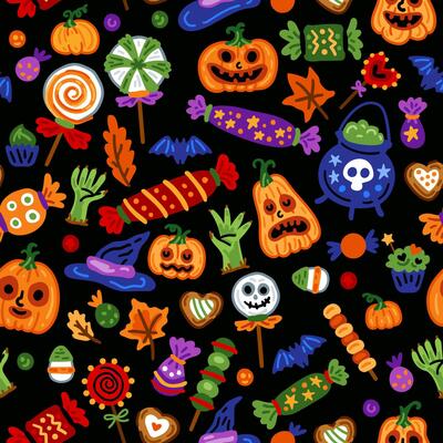 Seamless childish pattern of Halloween pumpkin with trick or treat candies