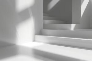 Minimalist white staircase with sunlit shadows in modern architecture photo