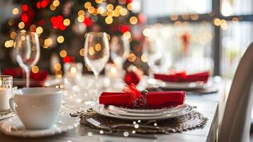 Elegant holiday table setting with festive decorations and sparkling lights photo