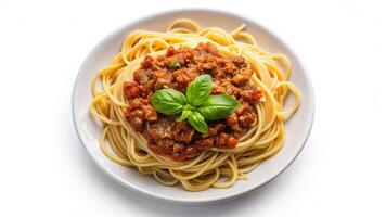 Spaghetti with meat sauce and basil on white background photo