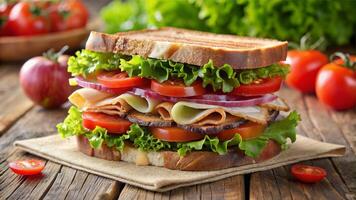 A sandwich with meat, cheese and vegetables on a wooden table photo