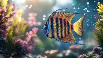 Elegant ornamental fish showcasing its vibrant stripes in a serene aquarium photo