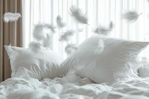 White feathers and colorful pillows in motion for a festive party photo