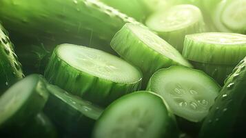 Whole and sliced green cucumbers arranged to celebrate cucumber month photo