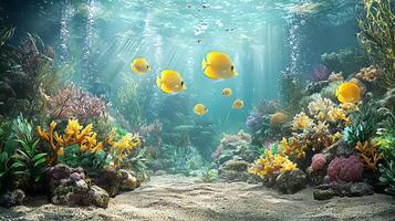Vibrant yellow tang fish enjoying its aquatic home in an aquarium photo