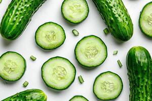 A fresh and colorful display of cucumbers to celebrate cucumber month photo
