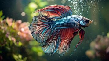 Beautiful aquarium fish with vibrant colors and a flowing tail in water photo