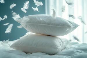 Bright pillows and feathers flying for a festive celebration photo