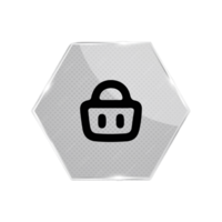 A flat and white icon of a lock on a hexagonal button flat png