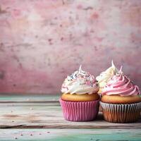 Three cupcakes with frosting on a wooden table photo