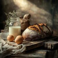 A loaf of bread, eggs and milk on a table photo