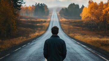 Man standing on the side of the road looking at the road photo