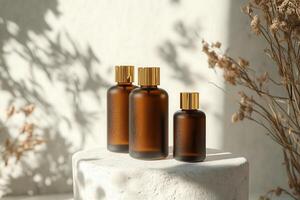 Three bottles of essential oils sit on a white pedestal photo