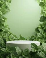 Green mint leaves and a white pedestal on a green background photo