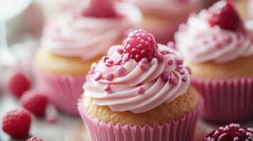 Cupcakes with pink frosting and raspberries photo