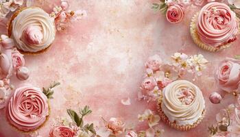 Cupcakes and roses on a pink background photo
